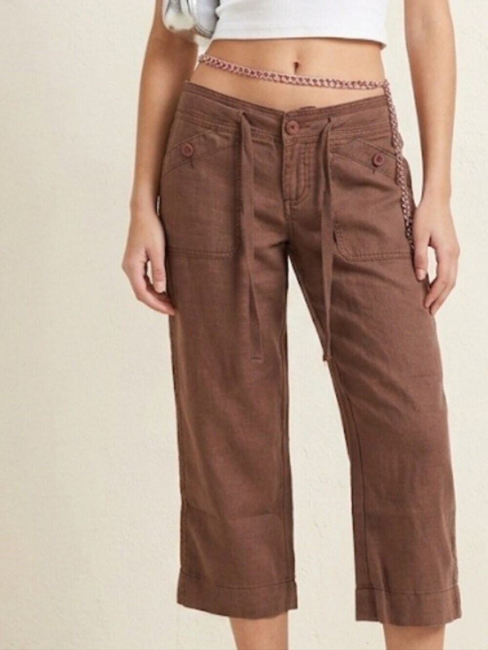 Hollister Brown 100%  Linen Low Rise Cropped Pants Size 5 Teal Logo